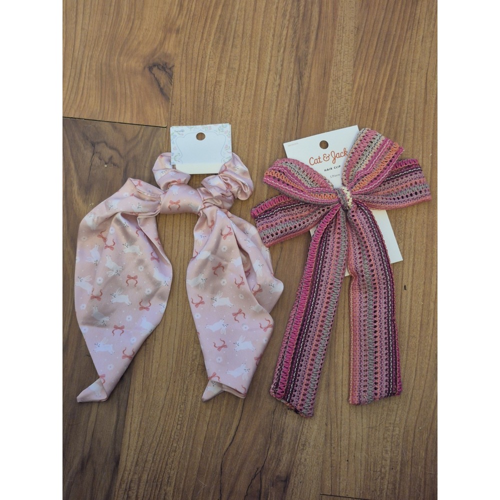 Cat & Jack Red Bow Hair Clip & Pink Bunny Patterned Hair Twister Scrunchie S31